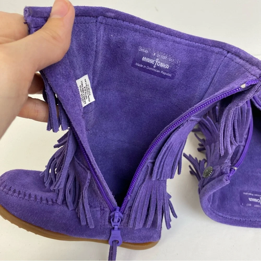 Minnetonka Purple Fringe Kids Moccasin Boots